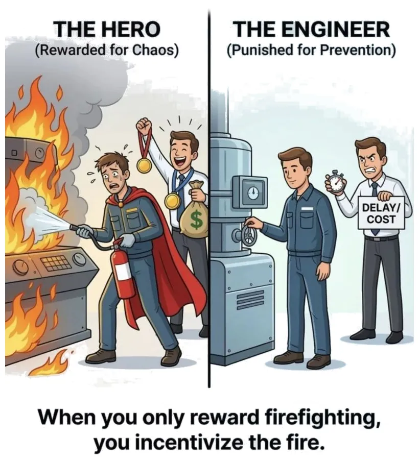 Hero vs Engineer: When you only reward firefighting, you incentivize the fire