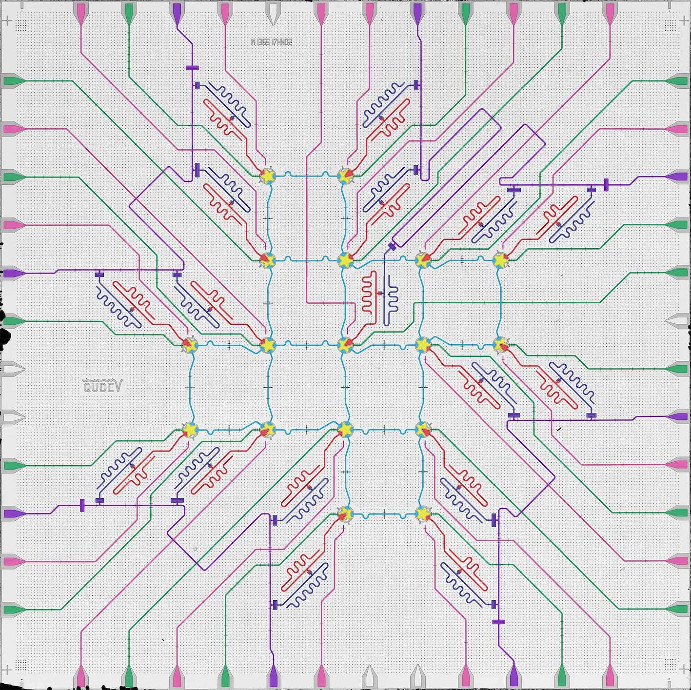 Arranging 17 qubits (in yellow) in a structure as indicated in this picture enables the implementation of an error correcting surface code of distance three. The dimensions are 14.3 mm by 14.3 mm.